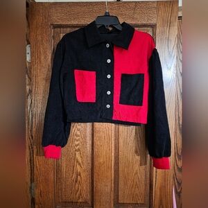 Retro graphic 90's mod indie colorblock goth cropped button jacket black and red